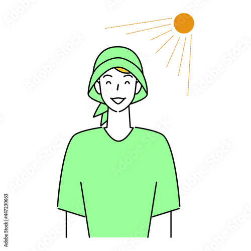 熱中症対策 太陽の下でUVカットの帽子をかぶっている笑顔の可愛い男性 イラスト シンプル ベクター