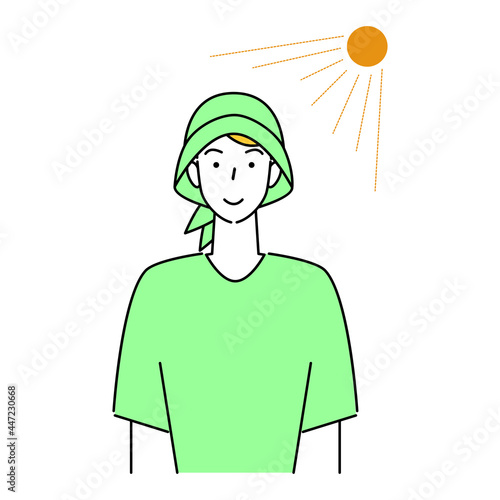 熱中症対策 太陽の下でUVカットの帽子をかぶっている笑顔の可愛い男性 イラスト シンプル ベクター