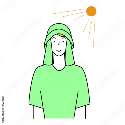 熱中症対策 太陽の下でバックシェード付きのUVカットの帽子をかぶっている笑顔の可愛い男性 イラスト シンプル ベクター