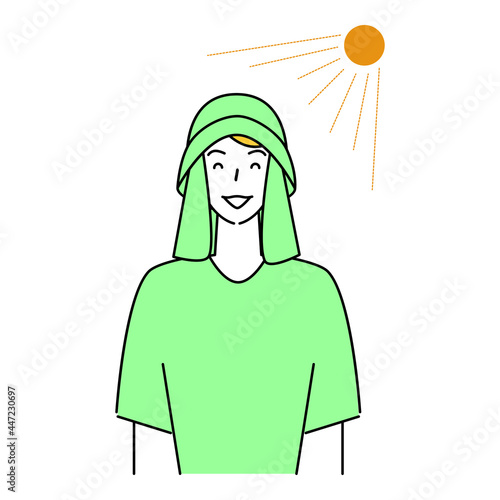 熱中症対策 太陽の下でバックシェード付きのUVカットの帽子をかぶっている笑顔の可愛い男性 イラスト シンプル ベクター