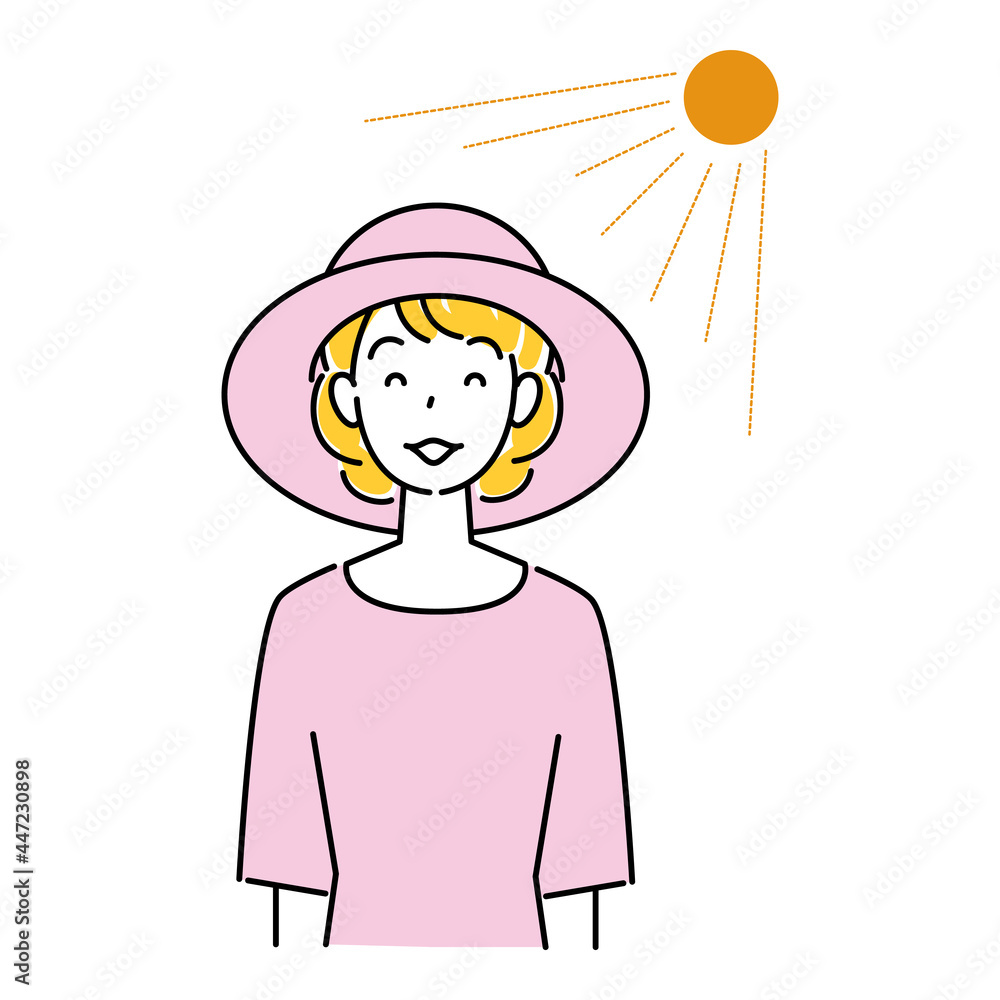熱中症対策 太陽の下でuvカットの帽子をかぶっている笑顔の可愛い女性 イラスト シンプル ベクター Heat Stroke Prevention A Pretty Smiling Woman Wearing A Uv Protective Hat In The Sun Simple Illustration Vector Stock Vector Adobe Stock