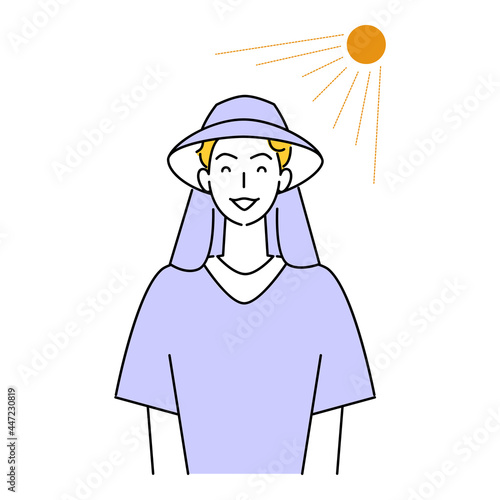 熱中症対策 太陽の下でバックシェード付きのUVカットの帽子をかぶっている笑顔の可愛い男性 イラスト シンプル ベクター