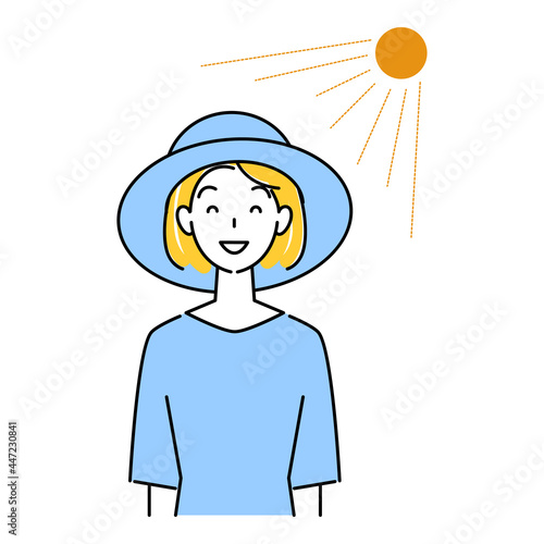 熱中症対策 太陽の下でUVカットの帽子をかぶっている笑顔の可愛い女性 イラスト シンプル ベクター