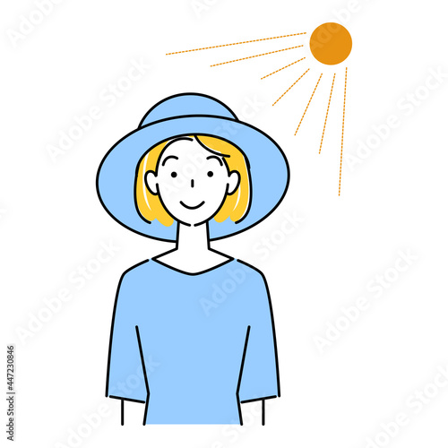 熱中症対策 太陽の下でUVカットの帽子をかぶっている笑顔の可愛い女性 イラスト シンプル ベクター