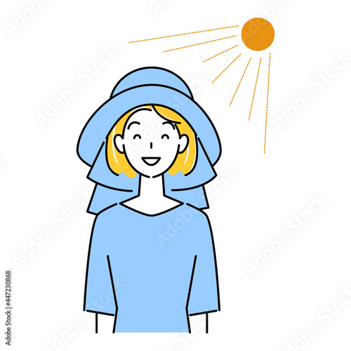 熱中症対策 太陽の下でバックシェード付きのUVカットの帽子をかぶっている笑顔の可愛い女性 イラスト シンプル ベクター