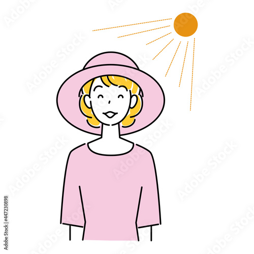 熱中症対策 太陽の下でUVカットの帽子をかぶっている笑顔の可愛い女性 イラスト シンプル ベクター
