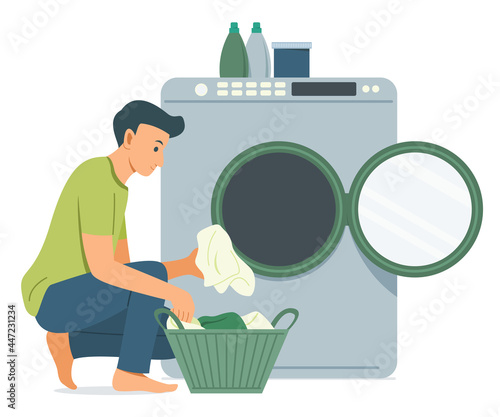 Man Wash the Clothes with Washing Machine.