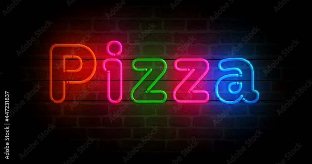 Pizza neon symbol on brick wall. Street food and italian restaurant light color bulbs. Loopable and seamless abstract concept animation. Pizza neon symbol on brick wall. Street food and italian restaurant light color bulbs. Loopable and seamless abstract concept animation.
