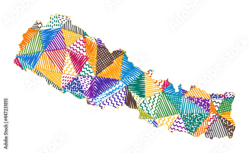 Kid style map of Nepal. Hand drawn polygons in the shape of Nepal. Vector illustration.