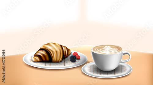 Croissant with coffee latte cup on table and bokeh background. Bake sweet dessert product for breakfast.
