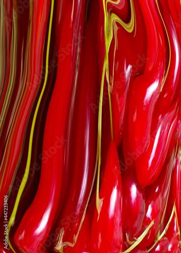 Abstract bright fluid red background with yellow lines. Art trippy digital backdrop. Curved shapes illustration. Vibrant Vertical plastic texture. Ink water. Modern design. Liquid glass. Cosmetics.