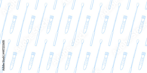 Seamless pattern with Test tubes, beakers and swabs isolated on white background. Covid-19 test. Blood samples. Flu analysis for laboratory. Vector outline doodle Medical backgrounds and textures