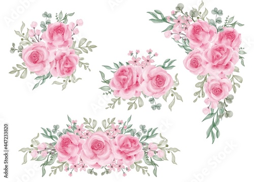 watercolor set of flower arrangement with rose pink