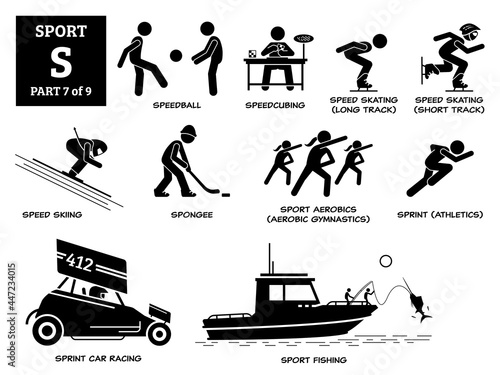 Sport games alphabet S vector icons pictogram. Speedball, speedcubing, speed skating, speed skiing, spongee, aerobic gymanstic, sprint athletic, sprint car racing, and sport fishing.