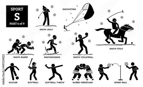 Sport games alphabet S vector icons pictogram. Snow golf, snowkiting, snow rugby, snowshoeing, snow volleyball, snow polo, soccer, softball, softball throw, sorro wrestling, and speed-ball.