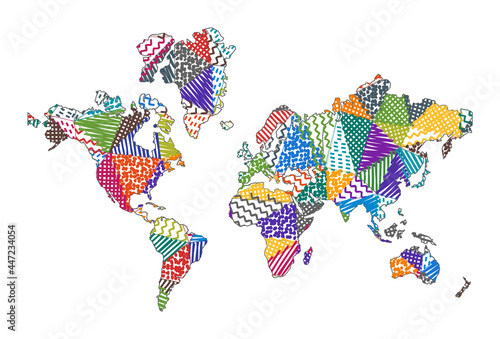 Kid style map of the world. Hand drawn polygons in the shape of the world. Vector illustration.