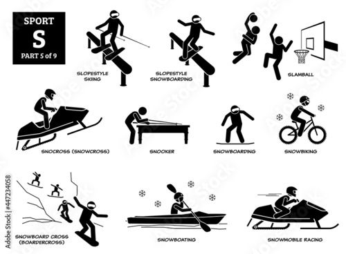 Sport games alphabet S vector icons pictogram. Slopestyle skiing snowboarding, slamball, snocross, snooker, snowboarding, snowbiking, snowboard cross, snowboating, and snowmobile racing. photo