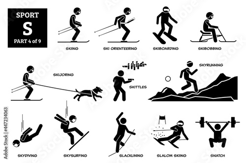 Sport games alphabet S vector icons pictogram. Skiing, ski orienteering, skiboarding, skibobbing, skijoring, skittles, skyrunning, skydiving, skysurfing, slacklining, slalom skiing, and snatch lifting