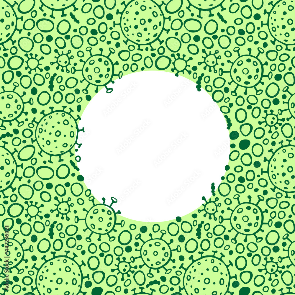 Background, frame, border from molecules, cells of virus, bacteria. Pandemic, epidemic covid-19. Concept of quarantine coronavirus, vaccination. Vector hand drawn outline doodle isolated Background, frame, border from molecules, cells of virus, bacteria. Pandemic, epidemic covid-19. Concept of quarantine coronavirus, vaccination. Vector hand drawn outline doodle isolated
