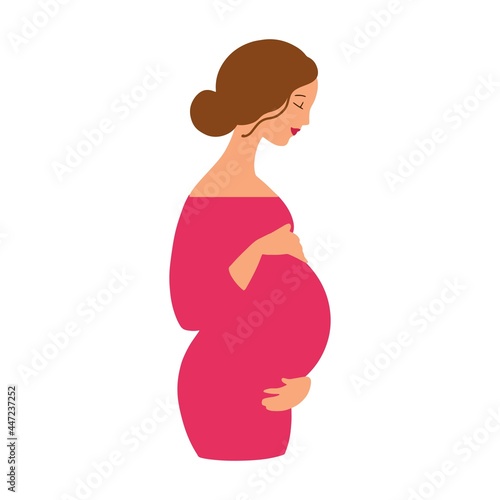 Standing pregnant woman, profile portrait. Flat style. Cute woman keeps her hands on her belly. Awaiting for a child