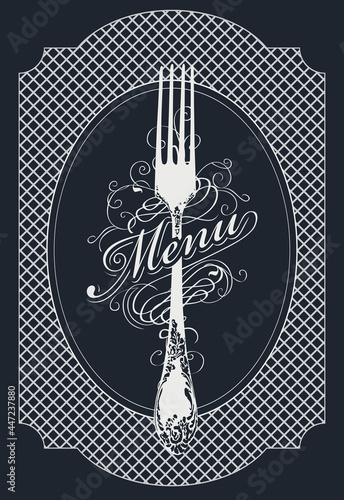 Vector template of a restaurant menu decorated with a beautiful antique fork and curlicues in retro style on a black background. Black and white menu design for a gourmet restaurant