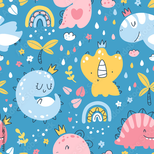 Dino princess seamless pattern. Girls dinosaurs with crowns in the jungle with a rainbow. Childish hand-drawn Scandinavian style. Vector texture for baby clothes, packaging, wallpapers, textiles