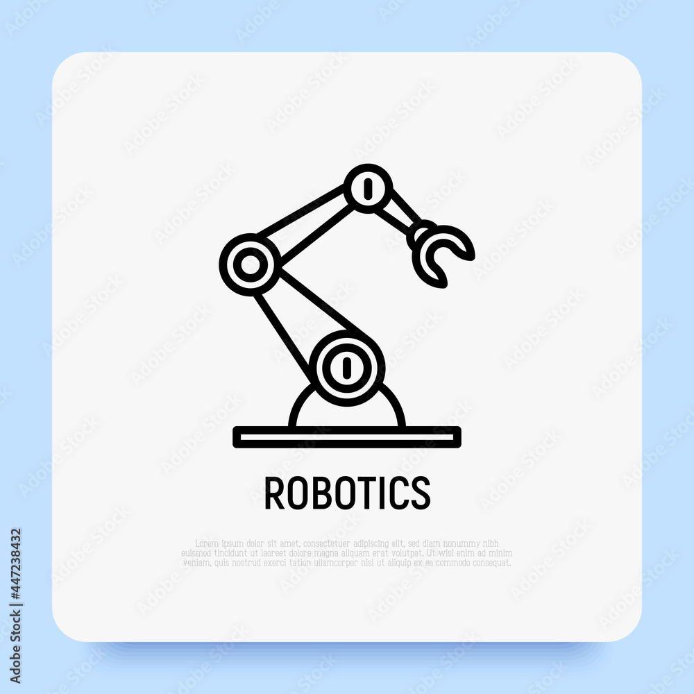 Industrial robotic arm thin line icon. Robotization, automated process. Modern vector illustration Industrial robotic arm thin line icon. Robotization, automated process. Modern vector illustration