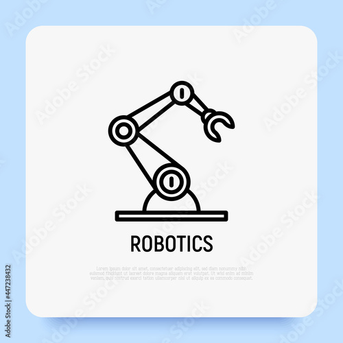 Industrial robotic arm thin line icon. Robotization, automated process. Modern vector illustration