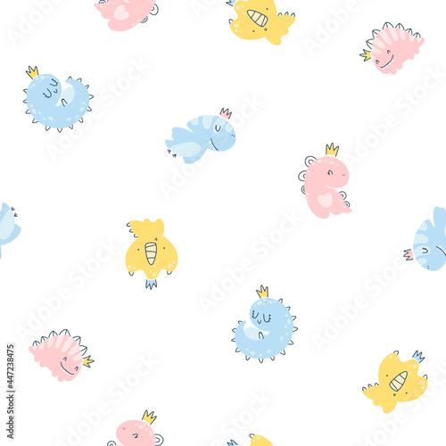 Dino princess seamless pattern. Girls dinosaurs in crowns in a simple childish hand-drawn Scandinavian style. Vector texture for baby clothes, packaging, wallpapers, textiles, fabrics.