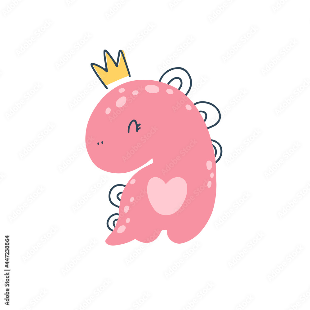 Dino baby princess. Dinosaur girl wearing a crown. Cute simple childish hand-drawn cartoon doodle scandinavian style. Vector illustration. Isolate on a white background. Pastel palette.