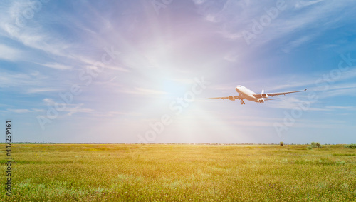 Passenger plane over a green field in a beautiful blue sky. The sun shines brightly. Summer landscape. Transport, travel
