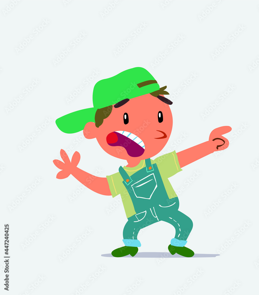 Scared cartoon character of little boy on jeans points to the side. Scared cartoon character of little boy on jeans points to the side.