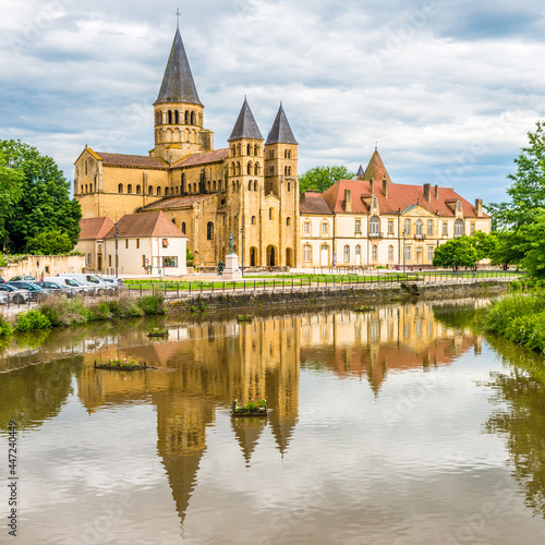View at the Basilica and Abbey of Sacred Heart of Jesus with Bourbince river in Paray le Monial ,France