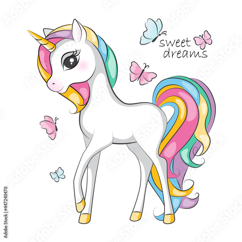 Beautiful illustration of cute little smiling unicorn  with mane  rainbow colors  .Hand drawn picture for your design.