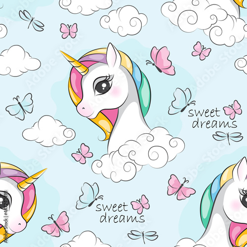Seamless pattern of cute little magical unicorn, clouds and butterfly. Colorful illustration for children wallpaper  textile and gift paper.