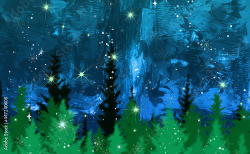 Winter landscape with a lonely christmas tree. Wnter holiday illustration. Green fir tree and the snowflakes background.