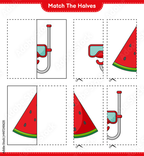 Match the halves. Match halves of Watermelon and Scuba Diving Mask. Educational children game, printable worksheet, vector illustration