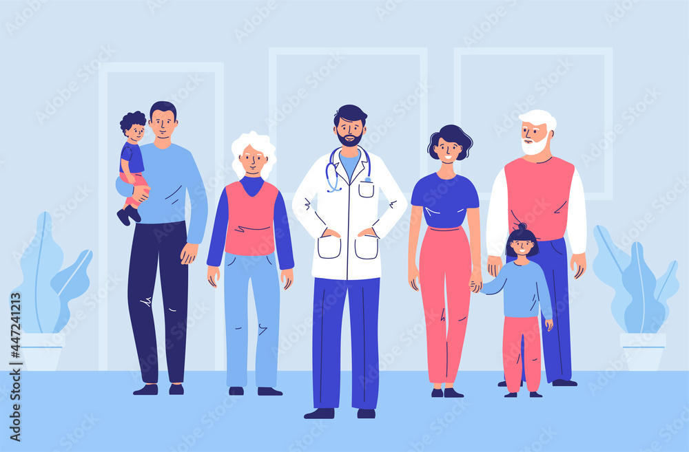 Family doctor with patients. Happy family mother, father, children, grandfather, grandmother with a professional doctor. Family doctor with patients. Happy family mother, father, children, grandfather, grandmother with a professional doctor.