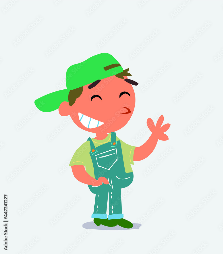  cartoon character of little boy on jeans waving informally while laughing.