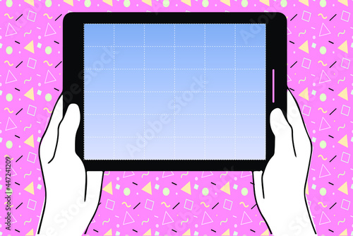 vector illustration of hands holding a tablet computer set in 1990's vaporwave style with memphis pattern as a background