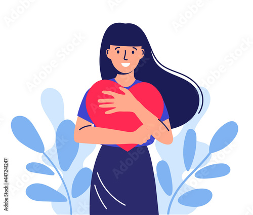 Cute girl with long hair. Self-care, love yourself. Happy woman hugs a heart. Illustration for International Women's Day.