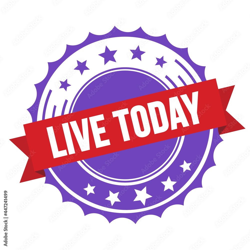 LIVE TODAY text on red violet ribbon stamp. LIVE TODAY text on red violet ribbon stamp.