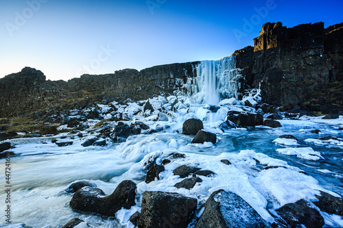 Vereister Wasserfall Oxarárfoss, Fluss Oxará, Thingvellir-Nationalpark photo