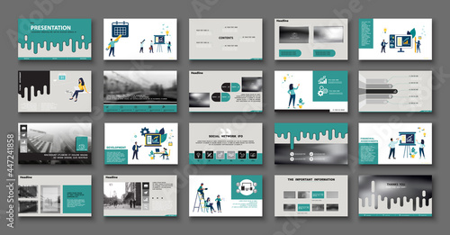 Business presentation, launch financial annual report project. Infographic design template, green, black elements, gray background, set. A team of people creates a business, teamwork.Mobile app