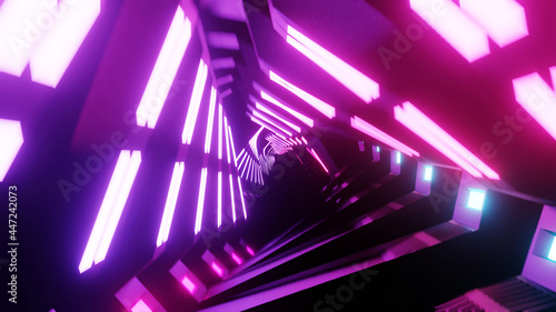 Fototapeta Naklejka Na Ścianę i Meble -  3d illustration of Abstract geometric background, fluorescent ultraviolet light, glowing neon tunnel, modern colorful illumination, 3d render