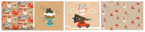 Hand drawn vector abstract stock graphic Merry Christmas and Happy New Year cartoon,illustrations prints collection set with red car,cake,present box and Christmas tree isolated on color background.