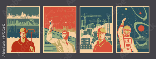 Retro Propaganda Posters Style Illustration Set, Men at Work, Industrial Backgrounds, Laboratory, Alien Planet