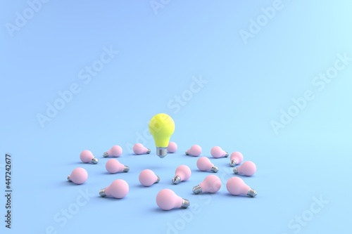 3D rendering of The yellow energy-saving lamp is floating on a pink light bulb placed on a pastel blue floor. and the blue background. concept for new ideas and Outstanding idea  illustration.