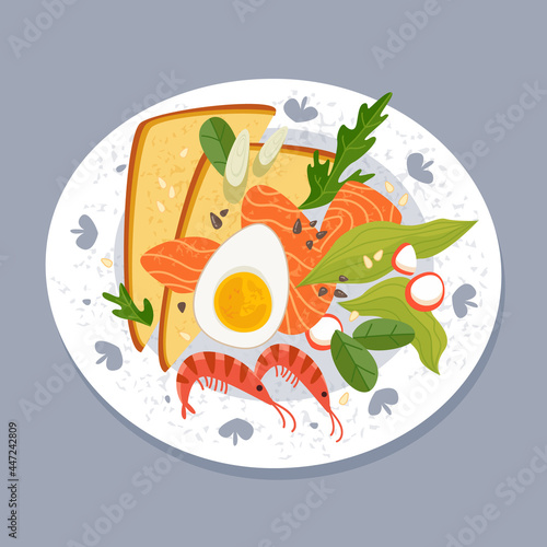 Sedwich bread with salmon, egg, vegetables and shrimps for breakfast. The traditional food is healthy. Plate with toast and fish. Vector illustration in bright trending colors, isolate on gray