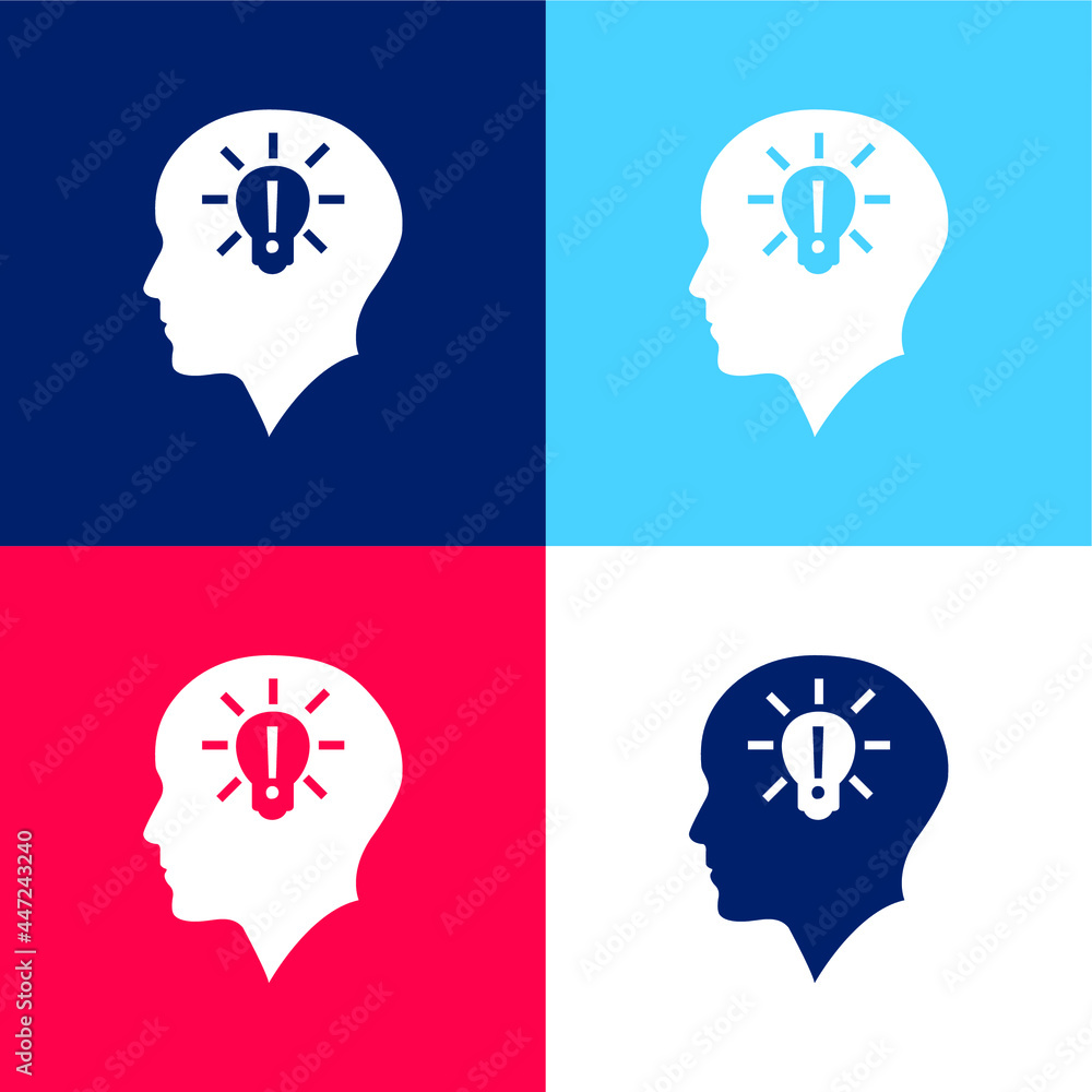 Bald Head With Lightbulb With Exclamation Sign Inside blue and red four color minimal icon set